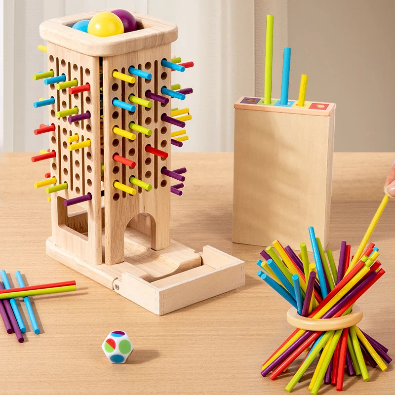 3-in-1 Holz Turmspiel mit Stäbchen & Kugeln - Interaktives Familienspiel