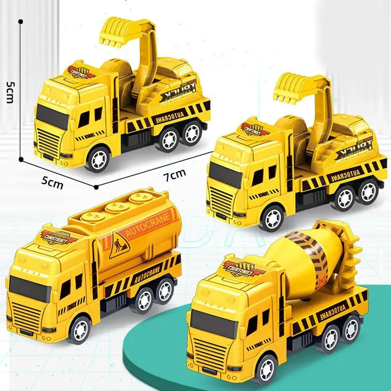 Baufahrzeuge Spielzeug Set - 4 Stück - Pull-Back Autos mit Kran, Betonmischer, Muldenkipper & Tankwagen