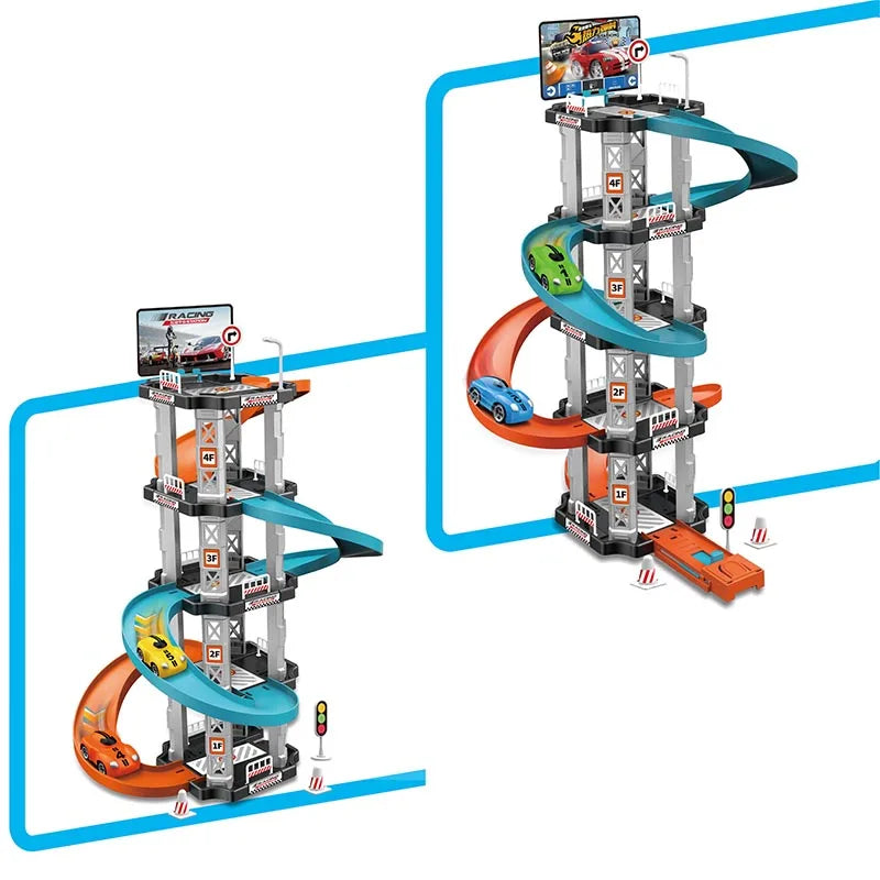Rennstrecke Autoturm mit Rampe - Parkhaus Kinderspielzeug inklusive Autos