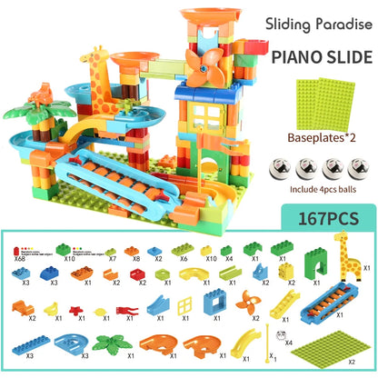 Neueste Große Größe Plattenspieler Marmor Rennen Run Bausteine Kreative Klavier DIY Blöcke Kunststoff Trichter Rutsche DIY Montage Ziegel