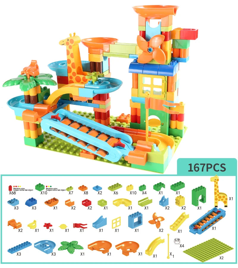 Neueste Große Größe Plattenspieler Marmor Rennen Run Bausteine Kreative Klavier DIY Blöcke Kunststoff Trichter Rutsche DIY Montage Ziegel