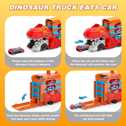 3-in-1 Dinosaurier Transport Truck mit Rennstrecke & 8 Autos - Ausklappbare 1,65 m Racebahn