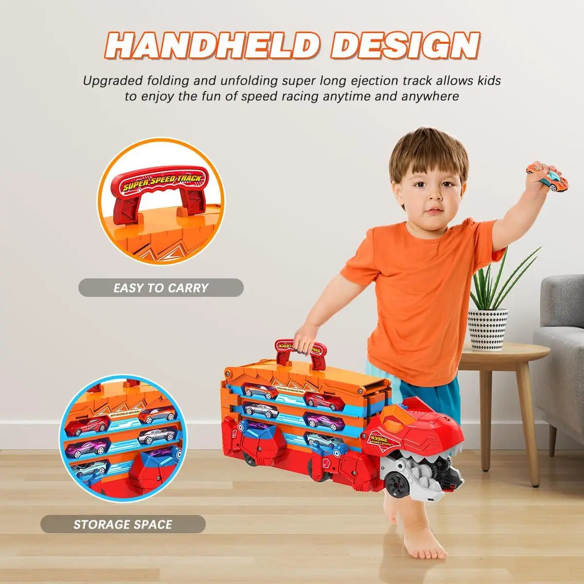 3-in-1 Dinosaurier Transport Truck mit Rennstrecke & 8 Autos - Ausklappbare 1,65 m Racebahn