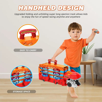 3-in-1 Dinosaurier Transport Truck mit Rennstrecke & 8 Autos - Ausklappbare 1,65 m Racebahn