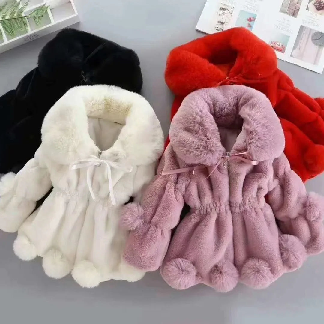 Mädchen Winter Plüschmantel mit Kunstfell & Pompons - Warm & Weich - 1-7 Jahre