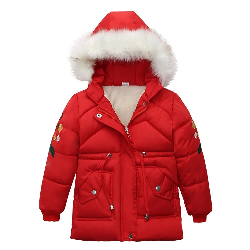 Winter Mädchen Jacke Futter Plus Samt Dicke Warm Halten Hülse Drucken Mit Kapuze Lange Stil Mäntel Für 4-6Y Kinder Baumwolle Schnee kleidung
