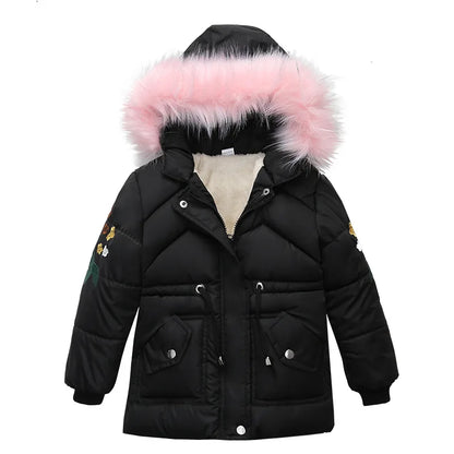 Winter Mädchen Jacke Futter Plus Samt Dicke Warm Halten Hülse Drucken Mit Kapuze Lange Stil Mäntel Für 4-6Y Kinder Baumwolle Schnee kleidung