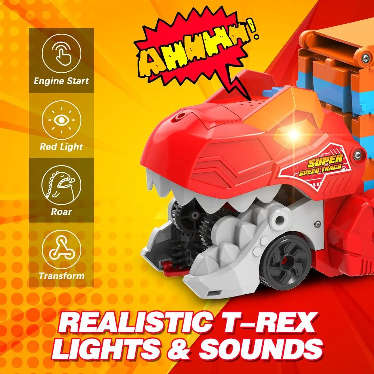 3-in-1 Dinosaurier Transport Truck mit Rennstrecke & 8 Autos - Ausklappbare 1,65 m Racebahn