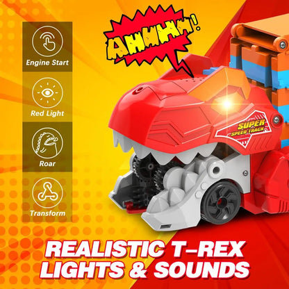 3-in-1 Dinosaurier Transport Truck mit Rennstrecke & 8 Autos - Ausklappbare 1,65 m Racebahn