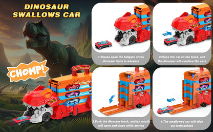 3-in-1 Dinosaurier Transport Truck mit Rennstrecke & 8 Autos - Ausklappbare 1,65 m Racebahn
