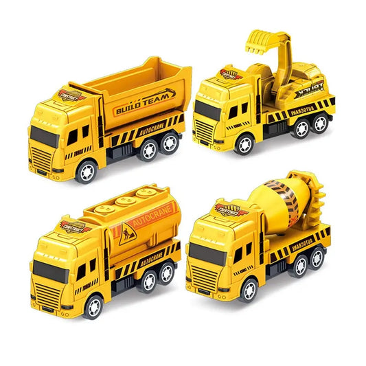 Baufahrzeuge Spielzeug Set - 4 Stück - Pull-Back Autos mit Kran, Betonmischer, Muldenkipper & Tankwagen
