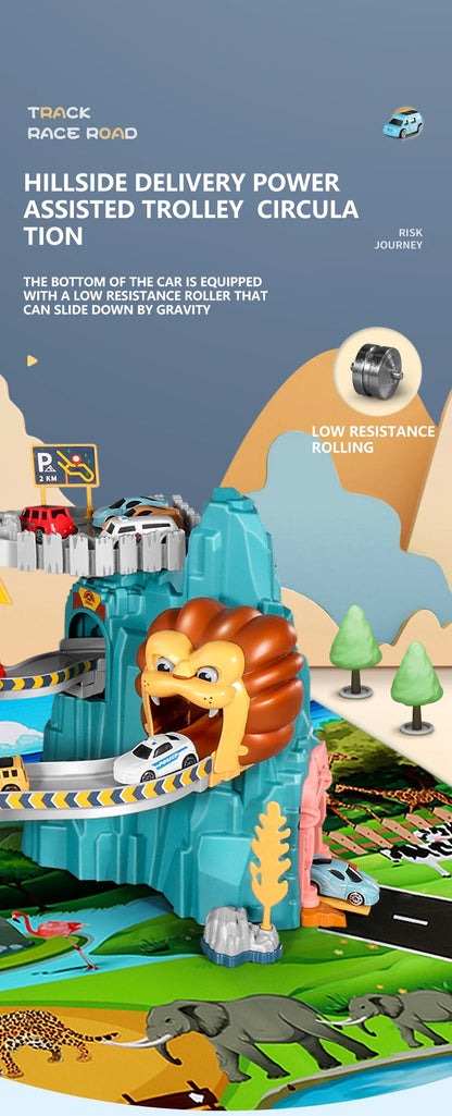 KBDFA Lion Theme Car Track für Kinder, Druckguss, Urlaubsgeschenke, Geburtstag, Hot Wheels, pädagogisches Rennspielzeug für Kinder, Rennwagen