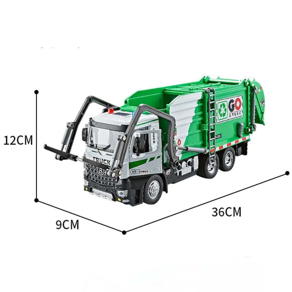1:18 Electric Sanitation Garbage Truck Toy Cars Model Alloy Water Tanker Diecast Light Sound Vehicle Children's Educational Toys