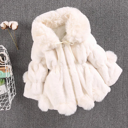 Mädchen Winter Plüschmantel mit Kunstfell & Pompons - Warm & Weich - 1-7 Jahre