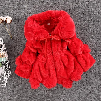 Mädchen Winter Plüschmantel mit Kunstfell & Pompons - Warm & Weich - 1-7 Jahre