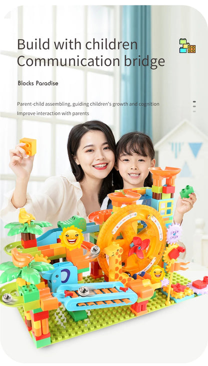 Neueste Große Größe Plattenspieler Marmor Rennen Run Bausteine Kreative Klavier DIY Blöcke Kunststoff Trichter Rutsche DIY Montage Ziegel