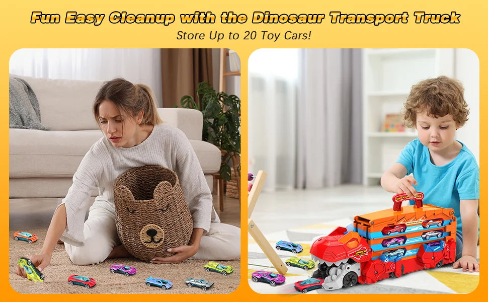 3-in-1 Dinosaurier Transport Truck mit Rennstrecke & 8 Autos - Ausklappbare 1,65 m Racebahn