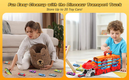 3-in-1 Dinosaurier Transport Truck mit Rennstrecke & 8 Autos - Ausklappbare 1,65 m Racebahn