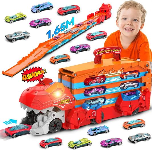 3-in-1 Dinosaurier Transport Truck mit Rennstrecke & 8 Autos - Ausklappbare 1,65 m Racebahn