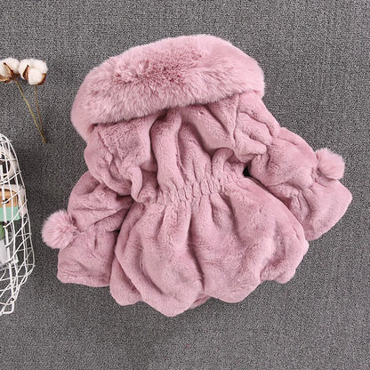 Mädchen Winter Plüschmantel mit Kunstfell & Pompons - Warm & Weich - 1-7 Jahre