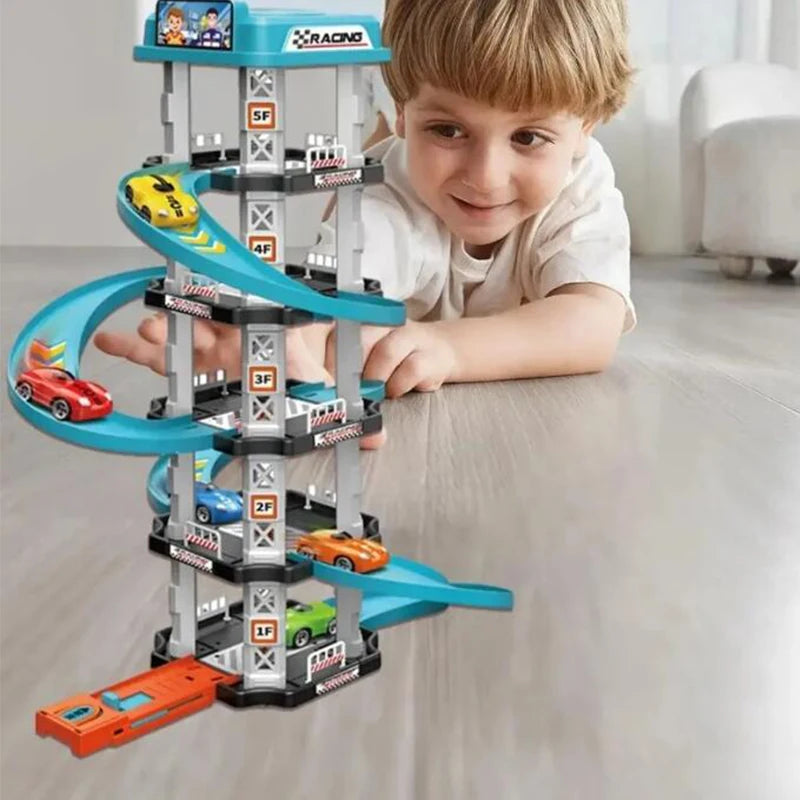 Rennstrecke Autoturm mit Rampe - Parkhaus Kinderspielzeug inklusive Autos