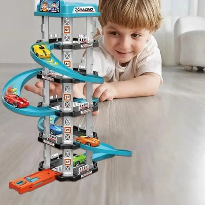 Rennstrecke Autoturm mit Rampe - Parkhaus Kinderspielzeug inklusive Autos