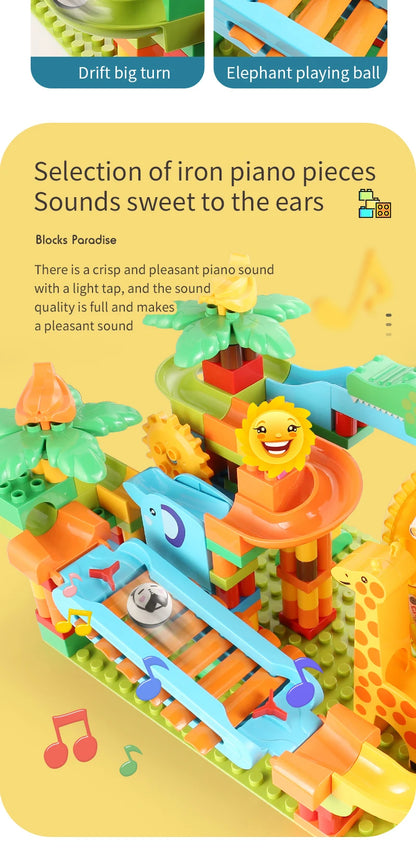 Neueste Große Größe Plattenspieler Marmor Rennen Run Bausteine Kreative Klavier DIY Blöcke Kunststoff Trichter Rutsche DIY Montage Ziegel