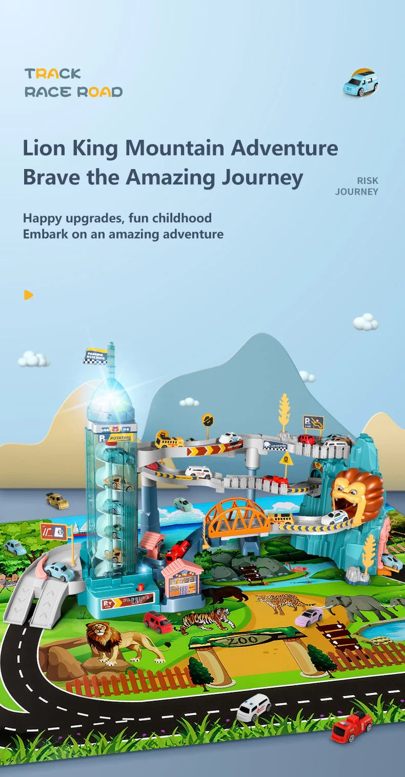 KBDFA Lion Theme Car Track für Kinder, Druckguss, Urlaubsgeschenke, Geburtstag, Hot Wheels, pädagogisches Rennspielzeug für Kinder, Rennwagen