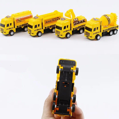 Baufahrzeuge Spielzeug Set - 4 Stück - Pull-Back Autos mit Kran, Betonmischer, Muldenkipper & Tankwagen