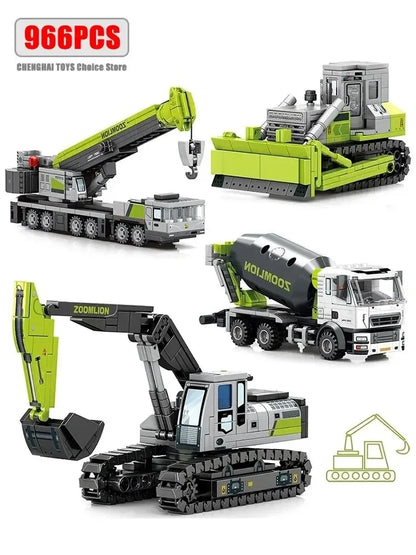 Bausteine Baufahrzeuge Set - Kran, Bagger, Bulldozer & Betonmischer