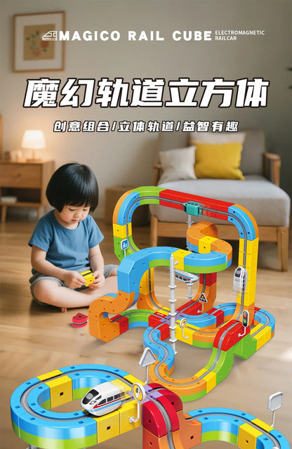 Elektrisches Magnetschienen-Set mit Anti-Schwerkraft-Fahrzeugen – 100+ Stück Vorbau-Bauspielzeug, kreative DIY-Eisenbahn für Kinder, Geschenkspielzeug