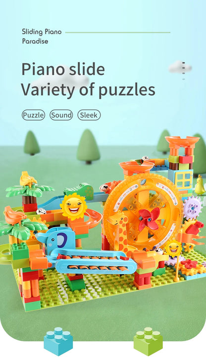 Neueste Große Größe Plattenspieler Marmor Rennen Run Bausteine Kreative Klavier DIY Blöcke Kunststoff Trichter Rutsche DIY Montage Ziegel