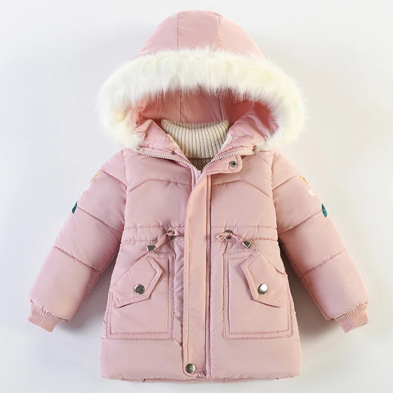 Winter Mädchen Jacke Futter Plus Samt Dicke Warm Halten Hülse Drucken Mit Kapuze Lange Stil Mäntel Für 4-6Y Kinder Baumwolle Schnee kleidung
