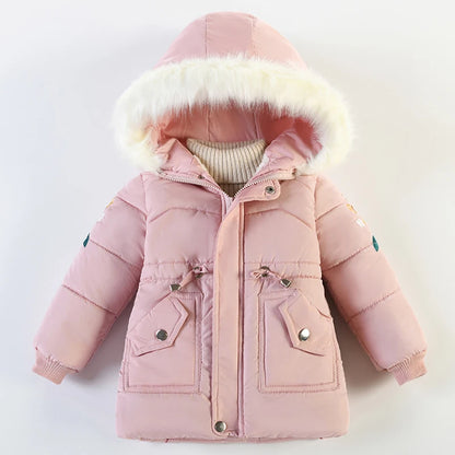 Winter Mädchen Jacke Futter Plus Samt Dicke Warm Halten Hülse Drucken Mit Kapuze Lange Stil Mäntel Für 4-6Y Kinder Baumwolle Schnee kleidung