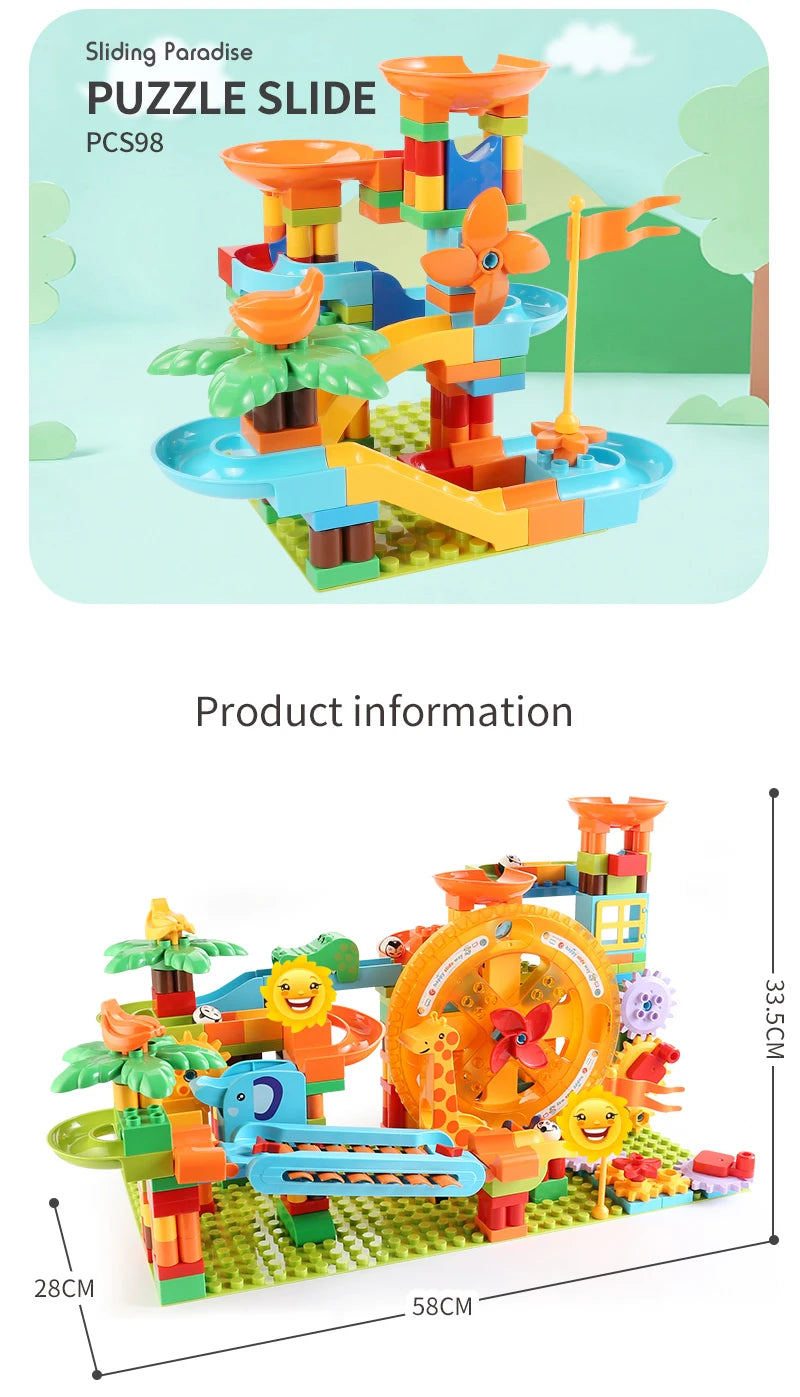 Neueste Große Größe Plattenspieler Marmor Rennen Run Bausteine Kreative Klavier DIY Blöcke Kunststoff Trichter Rutsche DIY Montage Ziegel