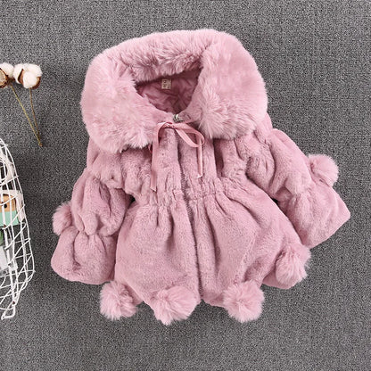 Mädchen Winter Plüschmantel mit Kunstfell & Pompons - Warm & Weich - 1-7 Jahre