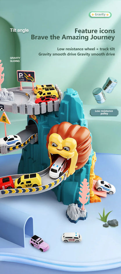 KBDFA Lion Theme Car Track für Kinder, Druckguss, Urlaubsgeschenke, Geburtstag, Hot Wheels, pädagogisches Rennspielzeug für Kinder, Rennwagen