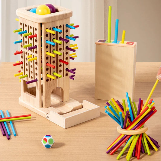 3-in-1 Holz Turmspiel mit Stäbchen & Kugeln - Interaktives Familienspiel