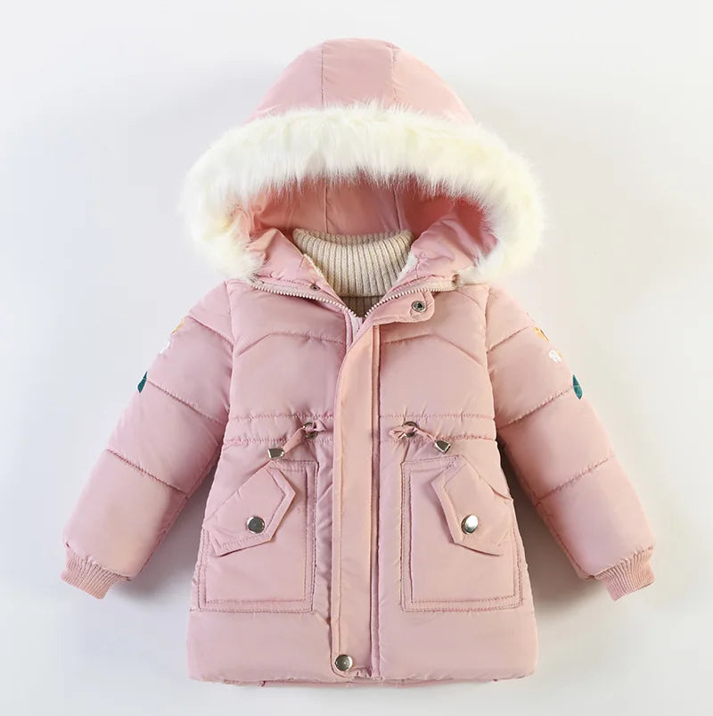 Winter Mädchen Jacke Futter Plus Samt Dicke Warm Halten Hülse Drucken Mit Kapuze Lange Stil Mäntel Für 4-6Y Kinder Baumwolle Schnee kleidung