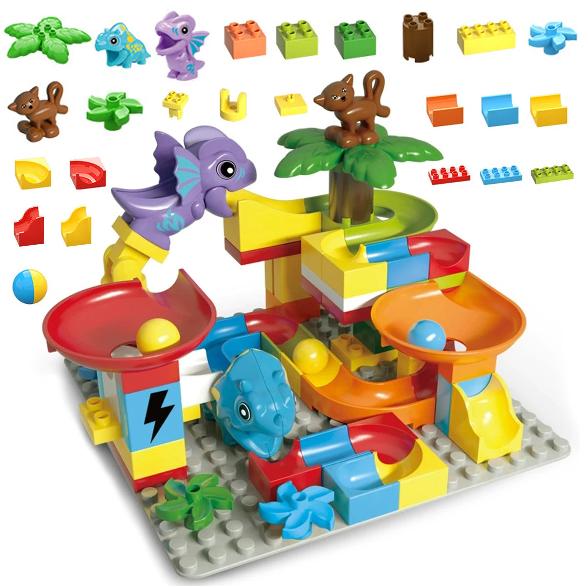 55PCS Große Bausteine Marmor Rennen Run Track Dinosaurier Und Große Ziegel Rolling Ball Rutsche Trichter Spielzeug Für Kinder pädagogisches Spielzeug