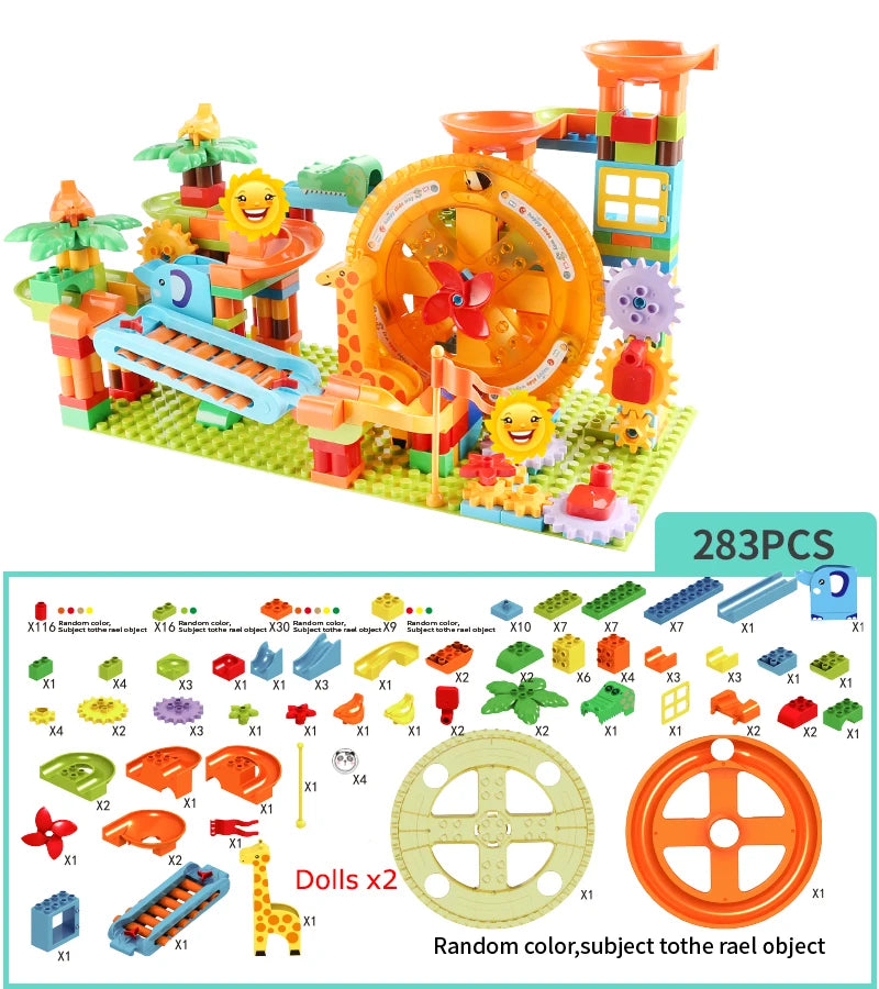 Neueste Große Größe Plattenspieler Marmor Rennen Run Bausteine Kreative Klavier DIY Blöcke Kunststoff Trichter Rutsche DIY Montage Ziegel