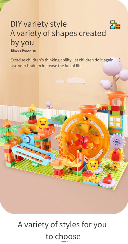 Neueste Große Größe Plattenspieler Marmor Rennen Run Bausteine Kreative Klavier DIY Blöcke Kunststoff Trichter Rutsche DIY Montage Ziegel