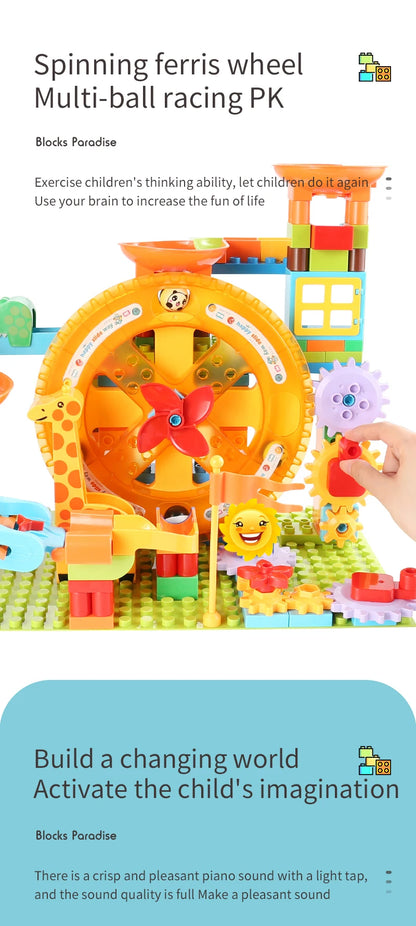 Neueste Große Größe Plattenspieler Marmor Rennen Run Bausteine Kreative Klavier DIY Blöcke Kunststoff Trichter Rutsche DIY Montage Ziegel