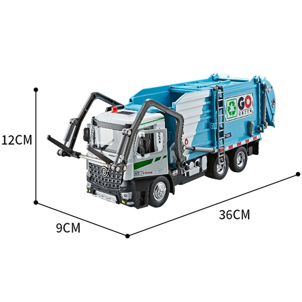 1:18 Electric Sanitation Garbage Truck Toy Cars Model Alloy Water Tanker Diecast Light Sound Vehicle Children's Educational Toys