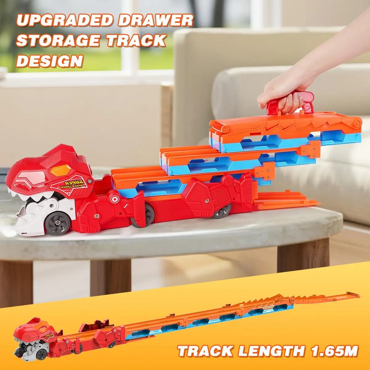 3-in-1 Dinosaurier Transport Truck mit Rennstrecke & 8 Autos - Ausklappbare 1,65 m Racebahn