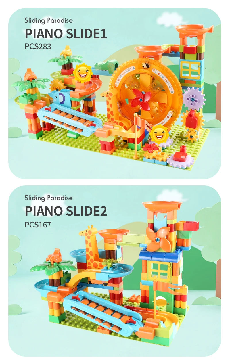 Neueste Große Größe Plattenspieler Marmor Rennen Run Bausteine Kreative Klavier DIY Blöcke Kunststoff Trichter Rutsche DIY Montage Ziegel