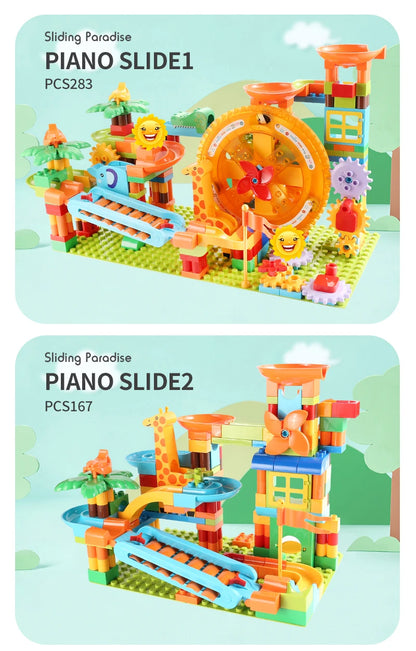 Neueste Große Größe Plattenspieler Marmor Rennen Run Bausteine Kreative Klavier DIY Blöcke Kunststoff Trichter Rutsche DIY Montage Ziegel