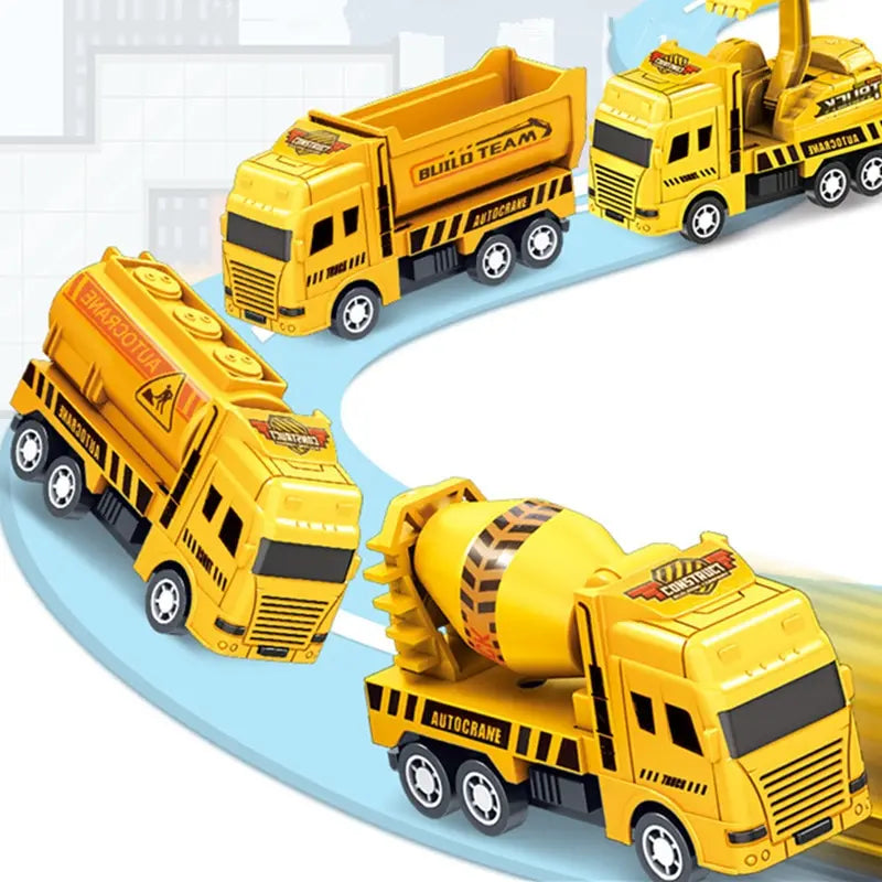 Baufahrzeuge Spielzeug Set - 4 Stück - Pull-Back Autos mit Kran, Betonmischer, Muldenkipper & Tankwagen