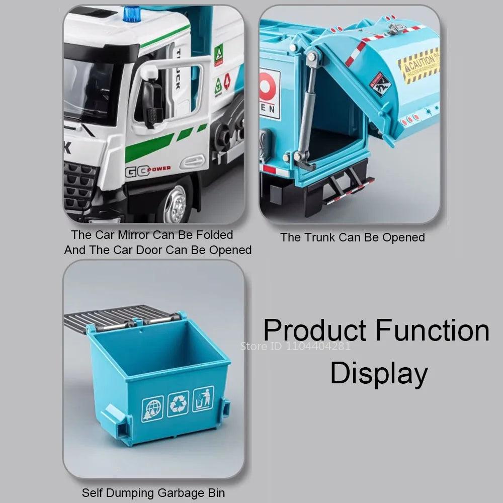 1:18 Electric Sanitation Garbage Truck Toy Cars Model Alloy Water Tanker Diecast Light Sound Vehicle Children's Educational Toys