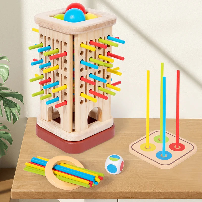3-in-1 Holz Turmspiel mit Stäbchen & Kugeln - Interaktives Familienspiel